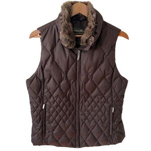 Eddie Bauer Brown Quilted Puffer Vest with Faux Fur Collar